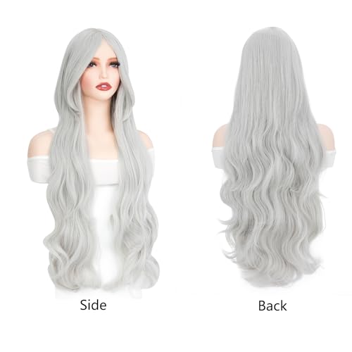 Image of Rose bud Hair Cosplay Wig with Bangs Grey 32 Inches Long Wavy Wigs for Women Lady Halloween Anime Party