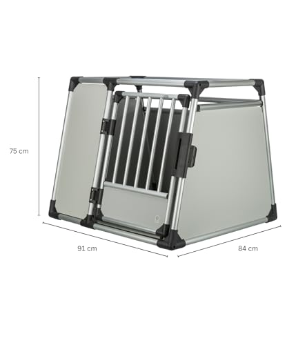 TRIXIE Hunde-Transportbox Aluminium in silber – L: 93 × 64 × 74 cm, stabile und geräuscharme Hundebox mit abgeschrägten Seiten, Sicherheitsverschluss & rutschfester Liegematte – 39344