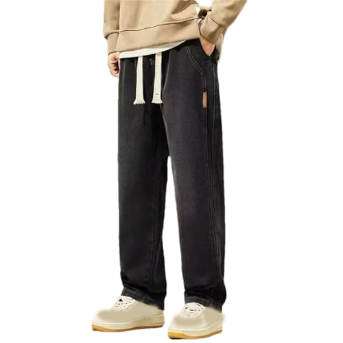 Men's Baggy Jeans Wide Leg Straight Loose Fit Drawstring Waist Casual Retro Washed Denim Pants