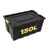 Large Plastic Storage Box with Lid - 150 Liters Capacity - Heavy Duty Black Container 36.2 x 22.8 x 16.5 in ( 92x58x42 cm) with Lockable Feature, Handles, and Strong Clips for Garage, Attic, Shed