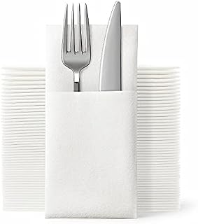 JEBBLAS Disposble Cloth Like Napkins Built-in Flatware Pocket,Wedding Party Linen Feel White Napkin, Prefolded for Silverware,50 Count