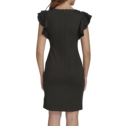 Image of Tommy Hilfiger Women's Sleeveless Ruffle Hem Jewel Neck Crepe Sheath Mini Dress