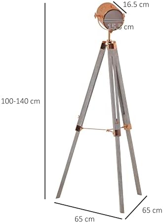 HOMCOM Industrial Tripod Floor Lamp, Nautical Searchlight with Adjustable Height, Wood Legs, E12 Lamp Base for Living Room, Bedroom, Grey and Rose Gold
