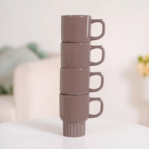 Image of Nestasia Ceramic Stackable Cups Set of 4 (270ml Each) - Fluted Bottom Tea & Coffee Cups with Glossy Finish | Microwave & Dishwasher Safe Cups - Ideal for Gifting (Taupe)