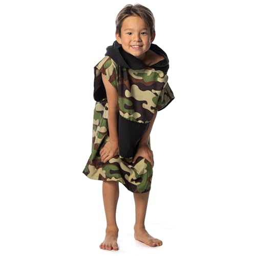 Image of Flow Changing Poncho for Kids - Microfiber Hooded Swim Towel Poncho for Boys & Girls, Perfect for Beach, Pool, or Swim - Quick Dry, Absorbent, Light Weight, and Easy to Pack (Camo, Small)