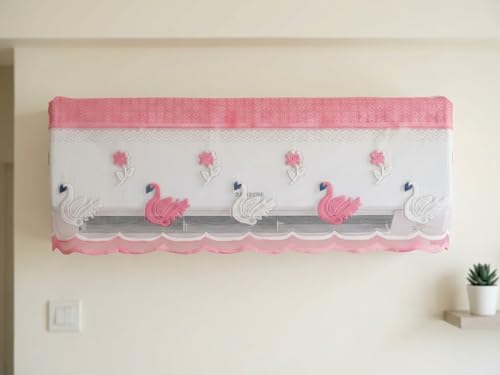 Image of Premium Cotton Net AC Cover for 1.5-2 Ton Split Air Conditioner | Dust Protection AC Indoor Unit Cover for Summer | Embroidered & Printed | Pack of 1 (Pink Duck)