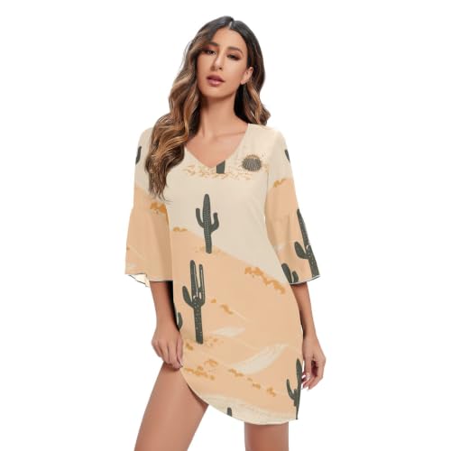 Robe de plage imprimée avec col en V et manches tunique d'été fluide et légère