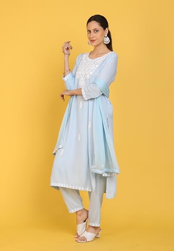 Image of Kaari Women's Chikankari Kurta Set with Dupatta -Straight Fit | Chiffon Dupatta with Embroidered Band | Straight Pant with Side Pocket | Kurta Set for Women