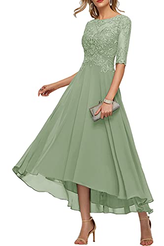 Women s Asymmetrical Lace Chiffon Gowns 1 2 Sleeve Mother of The Bride Dresses Petite Dusty Sage 10