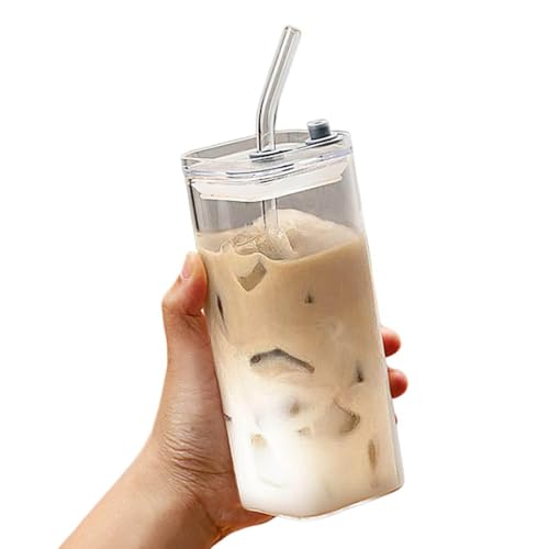 Glasbecher Mit Deckel Und Strohhalm 400Ml Matcha GläSer Kaffee GläSer Glas TeegläSer Mit Trinkhalm Smoothie Beche FüR Frauen Trinkbecher FüR Iced Coffee Smoothie Matcha Cocktail Latte (A)