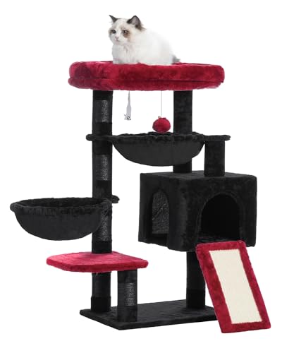 Hey-brother Gothic Cat Tree, Cat Tower for Indoor Cats, Cat House with Large Padded Bed, Cozy Condo, Hammocks, Sisal Scratching Posts, Big Scratcher, Black and Red MPJ006SBR