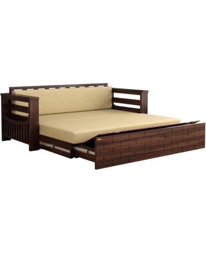 Image of Sheesham Wood Sofa Cum Bed with Mattress - 3 Seater Wooden Sofa Bed for Living Room | Solid Wood Convertible Diwan Couch with Side Storage (Design 3)