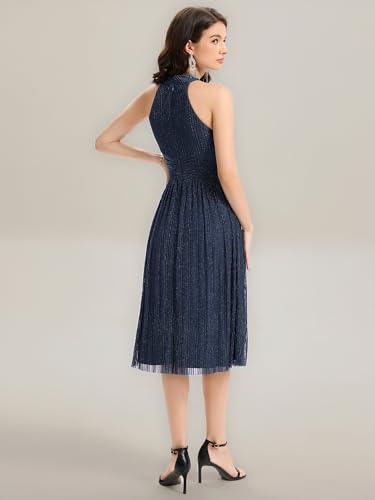 Ever-Pretty Women's Summer Halter Sleeveless Pletaed Midi Glitter Formal Evening Gowns 419622