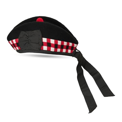 Glengarry Hat-Traditional Scottish Wool Military Cap with Soft Cotton Lining Highland Piper Hat for Kilt Outfit Formal Scottish Dress Accessory(UK Numeric 6 3/4 (UK 54) Black Wool DICED)