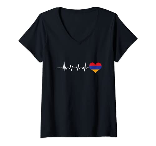 Damen Herzschlag Armenien | Herzflagge Armenisch | Patriotische Armenien T-Shirt mit V-Ausschnitt