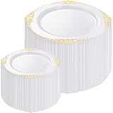 Joyido 200PCS White and Gold Plates - Gold Plastic Plates - Fancy Disposable Plate - Gorgeous Wedding Dinner & Dessert Plate for 100 Guests for Wedding & Thanksgiving Party