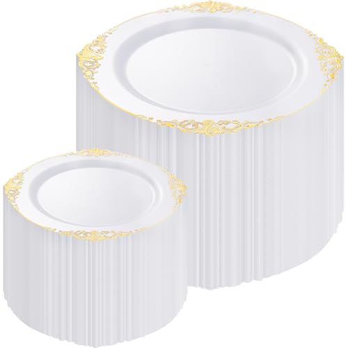 Joyido 200PCS White and Gold Plates - Gold Plastic Plates - Fancy Disposable Plate - Gorgeous Wedding Dinner & Dessert Plate for 100 Guests for Wedding & Thanksgiving Party