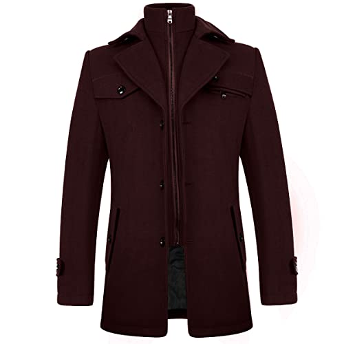 KUDORO Manteau Homme en Laine Chaud pour Hiver Trench Coat Mi-Long Classique Parka Pardessus Caban Slim Fit Élegant Business Décontractée Duffle-Coats Revers Overcoat(Bourgogne,XXL) Cover