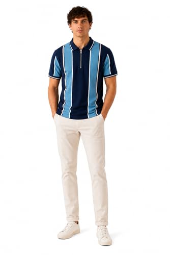 Image of SANE ORIGINALS Textured Polo T-Shirt for Men in Vertical Stripes || Old Money Polos for Men