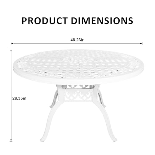 Image of 48 Inch Outdoor Dining Table Round Patio Bistro Table Powder-Coated Cast Aluminum Frame Patio Dining Table Garden Table with Umbrella Hole (White)