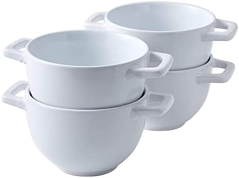 Bruntmor 24 Oz Soup Mug French Onion Soup Mugs With Handles and Lids Microwave Safe, Ceramic Bowls for Rice, Dessert, Pasta, Cereal, Dishwasher, Oven & Broil Safe, Set of 4 Soup Crocks, White