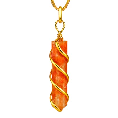 Amazing Gemstone Sunstone Crystal Necklace Pendant For Women Gold Wire Wrapped Dainty Minimalist Healing Crystal Necklaces For Men Unisex Necklace Jewelry Adjustable Chain & Leather Cord