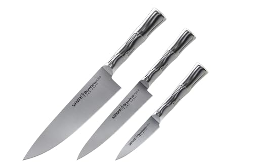 SAMURA Profi Messer Geschenk Set Ultra-scharf, aus japanisch AUS 8 Edelstahl, 18 cm Klinge, Stahl Handgriff, ergnomisch, rostfrei