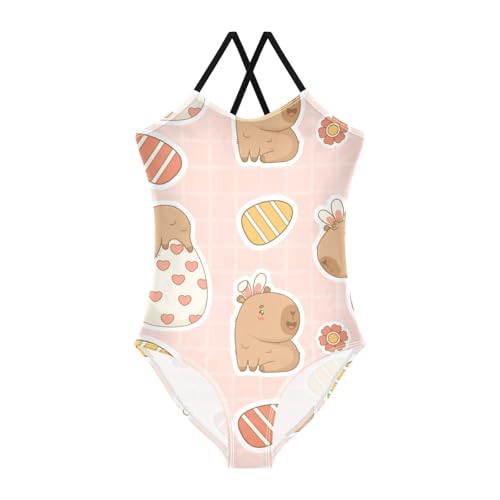 Girls One Piece Swimsuits Cute Capybara with Easter Eggs Sport Halter Swimwear Beach Bathing Suit, 3T