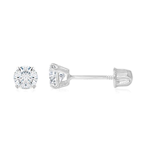 14K Yellow OR White Solid Gold Round Solitaire Cubic Zirconia CZ Stud Earrings Pair in Screw Back - Various Sizes