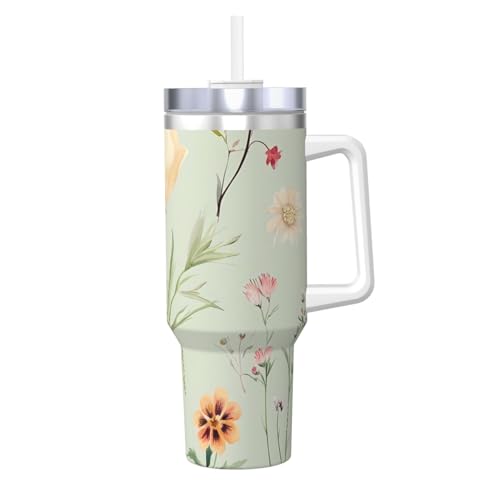 ZSUUGJ Vaso aislado de acero inoxidable con asa, diseño de flores y plantas, de 40 onzas, vaso de viaje con tapa para bebidas frías y calientes, adecuado para el hogar, la oficina y el coche
