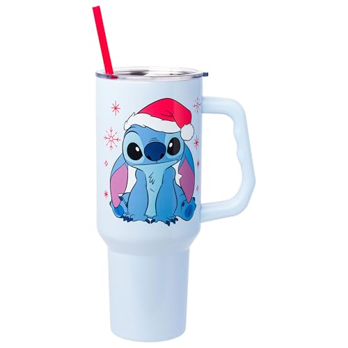 Image of Silver Buffalo Disney Lilo and Stitch Christmas Holiday Santa Hat and Snowflakes Double Walled Stainless Steel Tumbler with Handle and Straw, Fits in Standard Cup Holder, 40 Ounces