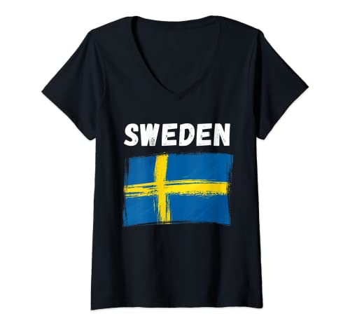 Mujer Bandera de Suecia Holiday Vintage Grunge Sueco Bandera Camiseta Cuello V