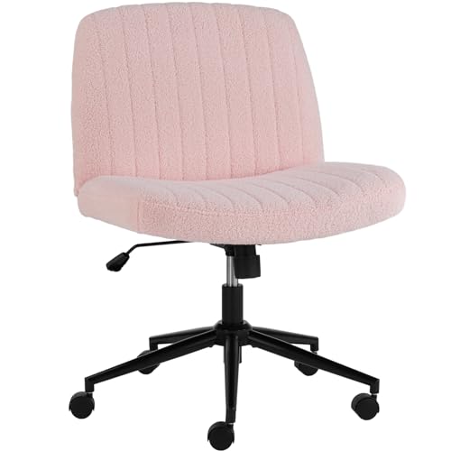 NEWBULIG Criss Office Wheels, Armless Computer Desk, Cross Legged, Modern Fabric Vanity Height Adjustable Wide Seat Swivel Task Chair, Faux Fur Pink