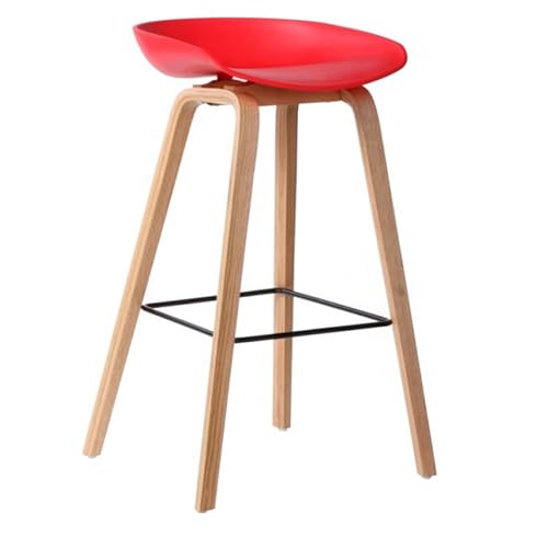 Image of Creative Red Bar Stool Chair | Plastic Seat | Wooden Finish Metal Legs | Powder Coated Metal Footrest | Modern High Stool for Kitchen, Cafe, Bar & Home Use | Qty 1
