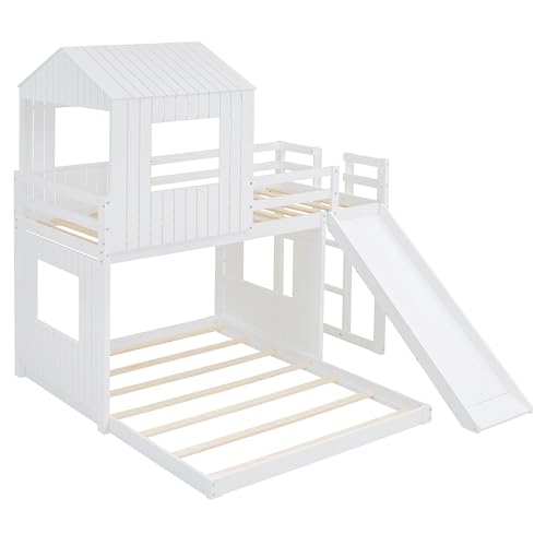 Image of Bellemave Bunk beds Twin Over Full with Slide,Ladders,House roof Design, Low bunk /loft Bed for Kids,White