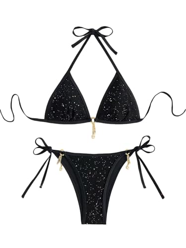 Falainetee Women's Shiny Halter Bathing Suit High Waist Metal Jewelry Summer Swimsuit Bikini Set Black M