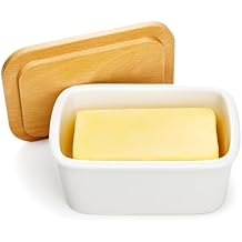 Sweese Butter Dish with Lid, Large Porcelain Keeper with Beech Wooden Lid for Countertop, Perfect for East and West Coast Butter, White