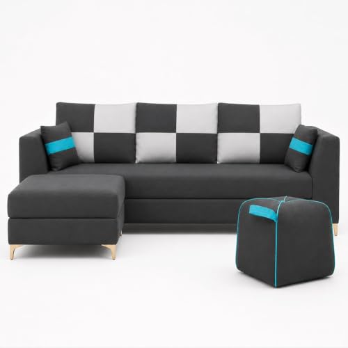 Image of FURNY Signature Cresta 5-Seater L-Shape Sofa Set with Movable Ottoman & Suri Pouf | Flexible LHS /RHS Layout | Boston Fabric | 40D Foam + Zigzag Spring | 3-Yr Warranty (Ash Grey - Light Grey)