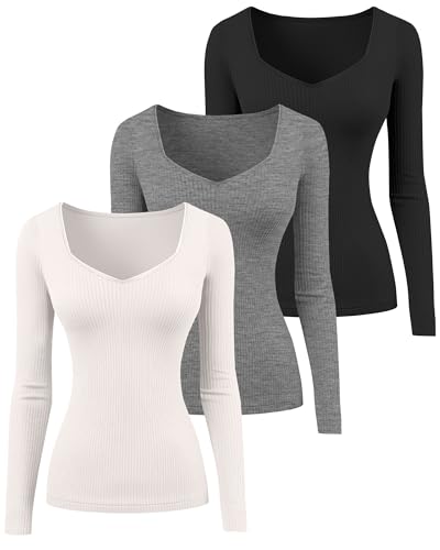 Huukeay 3 Pack Women's Ribbed Long Sleeve Shirts, Sexy Sweetheart Neckline Tops Fall Knit Slim Fit T-Shirt Y2k Going Out Tees3