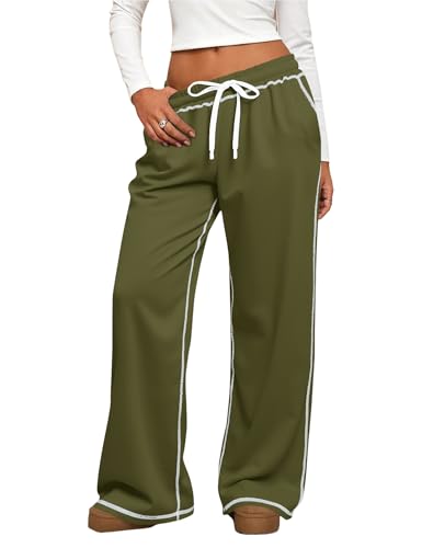 LUYAA Baggy Sweatpants Low Rise Sweat Pants for Women Cotton Loungh Pants Women Straight Leg with Pockets Army Green M
