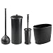 mDesign Bathroom Accessories Set, Plunger with Holder, Toilet Paper Holder, Toilet Bowl Brush, Wastebasket Trash Can - Set of 4, Black