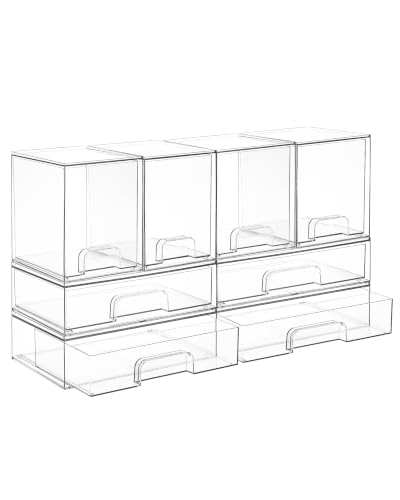 Image of Vtopmart 8 Pack Stackable Storage Drawers Set, Clear Plastic Organizer Bins for Baby Bottle, Beauty Supplies Storage, Ideal for Kichen Countertop, Vanity, Bathroom, Cabinet, Pantry Organization