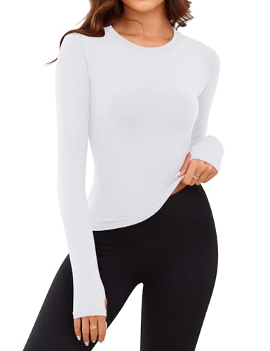 Rapbin Long Sleeve Undershirt for Women Thermal Underwear Fitted Stretchy Crewneck Top Ladies Fleece Lined Basic Baselayer Winter Shirts with Thumb Holes White