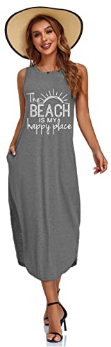 Image of Women's Casual Beach Summer Dresses Sleeveless Graphic Long Sundress Cover Up Dresses with Pocket Dark Grey X-Large