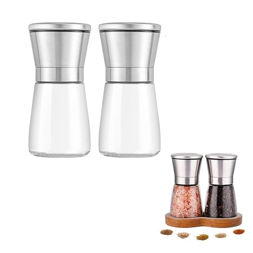 GoodTool 2PCS Pepper Mill Sets Refillable Salt Pepper Grinder-Clear Manual Pepper Grinder Glass Spice Mill with Adjustable Coarseness Stainless Steel Kitchen Grinder (small 180ml/6oz)
