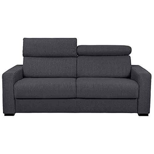 Miliboo Canapé Convertible avec têtières Ajustables 3 Places en Tissu Effet Velours Gris Anthracite avec Matelas 12 cm NORO