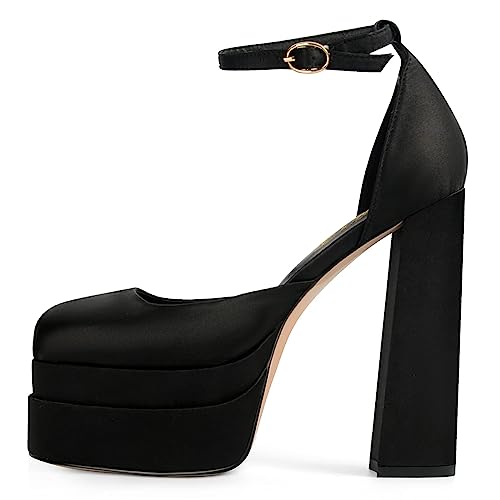 FOWT Women Thick Platform Square Toe Pumps Sexy Chunky Block High Heels Ankle Strap Wedding Evening Party Shoes Size 4-16 US2