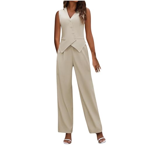HGps8w Pant Suits for Women Dressy Casual 2 Piece Outfits Sleeveless V Neck Blazer Vest with Straight Pants Work Office Sets