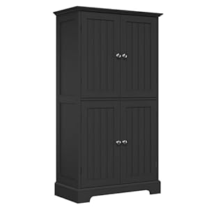 ChooChoo Bathroom Floor Cabinet, Modern Bathroom Storage Cabinet with 4 Doors and Adjustable Shelves, Freestanding Cupboard for Living Room, Black
