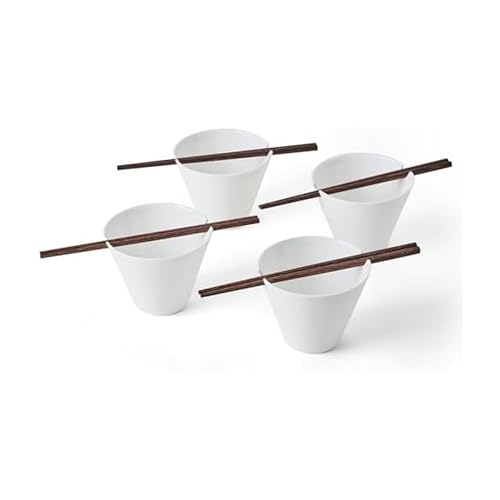 Mikasa Delray Bone China Lightweight Chip Resistant Noodle Ramen Bowl with Chopsticks, White, Set of 4, 4.75-Inch